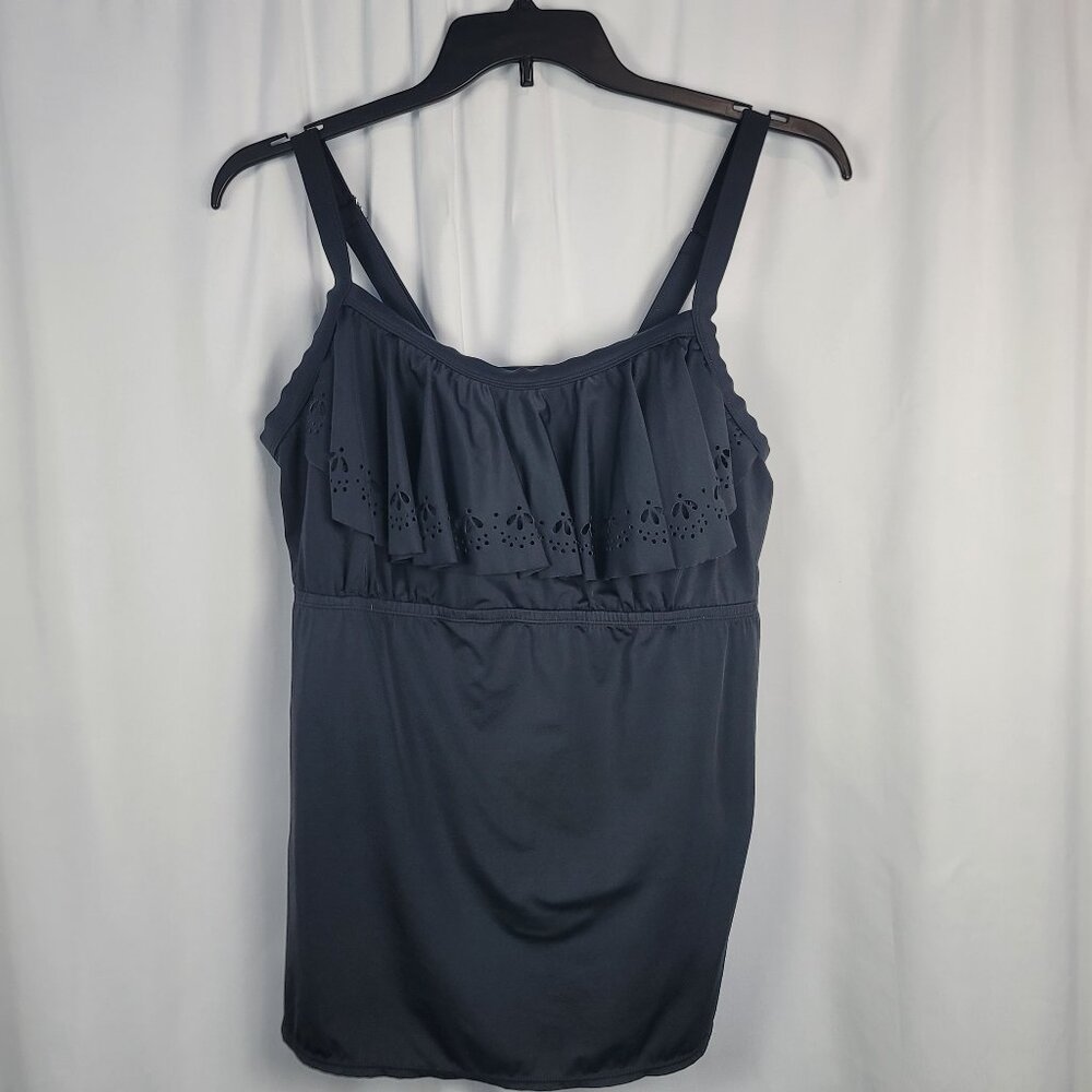 Catherines Black Laser Cut Ruffled Popover Tankini Top Women's Size 18W